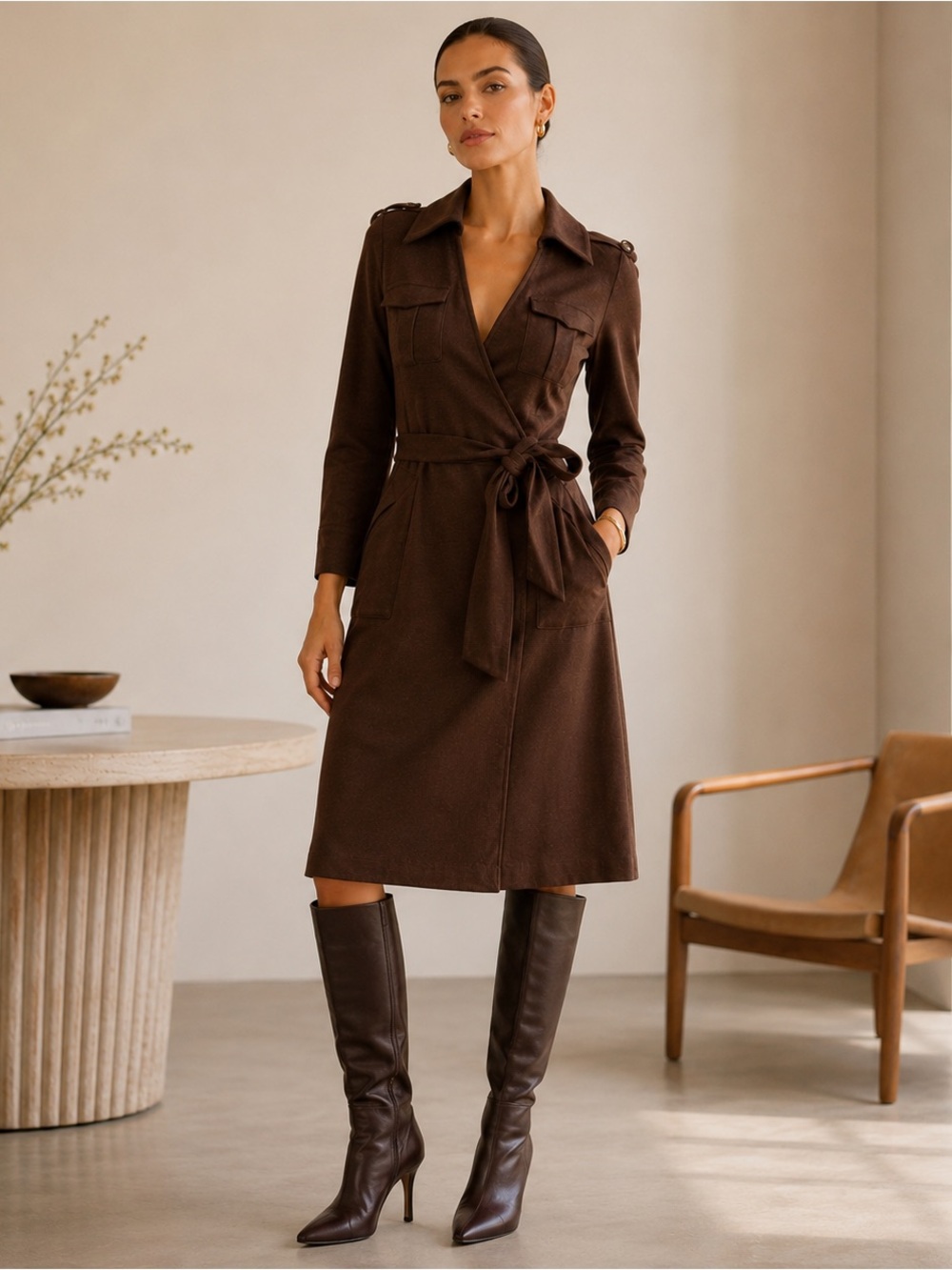 Diane von Furstenberg Brown Utility Wool Wrap Dress Size 0 Pockets Midi Italy